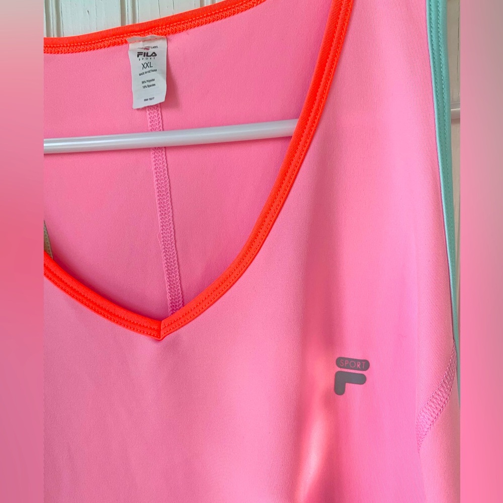Fila Sport (XX Large) V- Neck Racerback Tank Top; Pink w/colorful trim